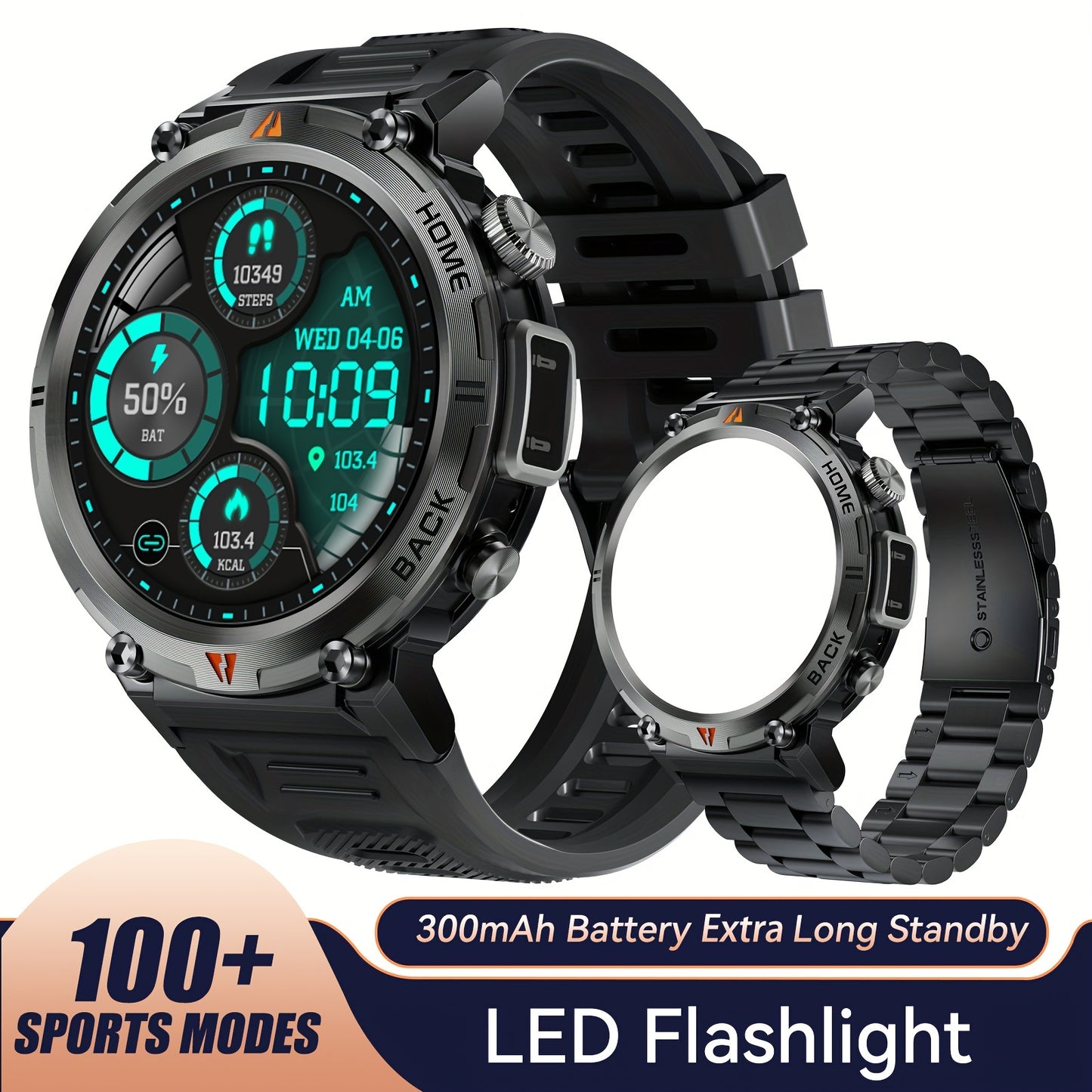 JELLOO Men'S Outdoor Sports Smartwatch with LED Flashlight, Pedometer, Call Answering, Music Control, Battery, 3ATM Waterproof, 360p Display, for iPhone & Android, Christmas Gifts For Boyfriends