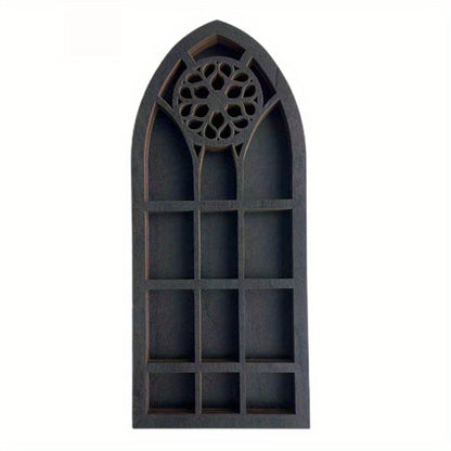 1pc Old Church Window Crystal Wall Shelf, Crystal Wooden Shelf, Halloween Witch Crystal Display Rack, Rustic Wooden Shelf For Crystals, Stones & Essential Oils, Wall Decor, Halloween Christmas New Year Gift, Aesthetic Room De