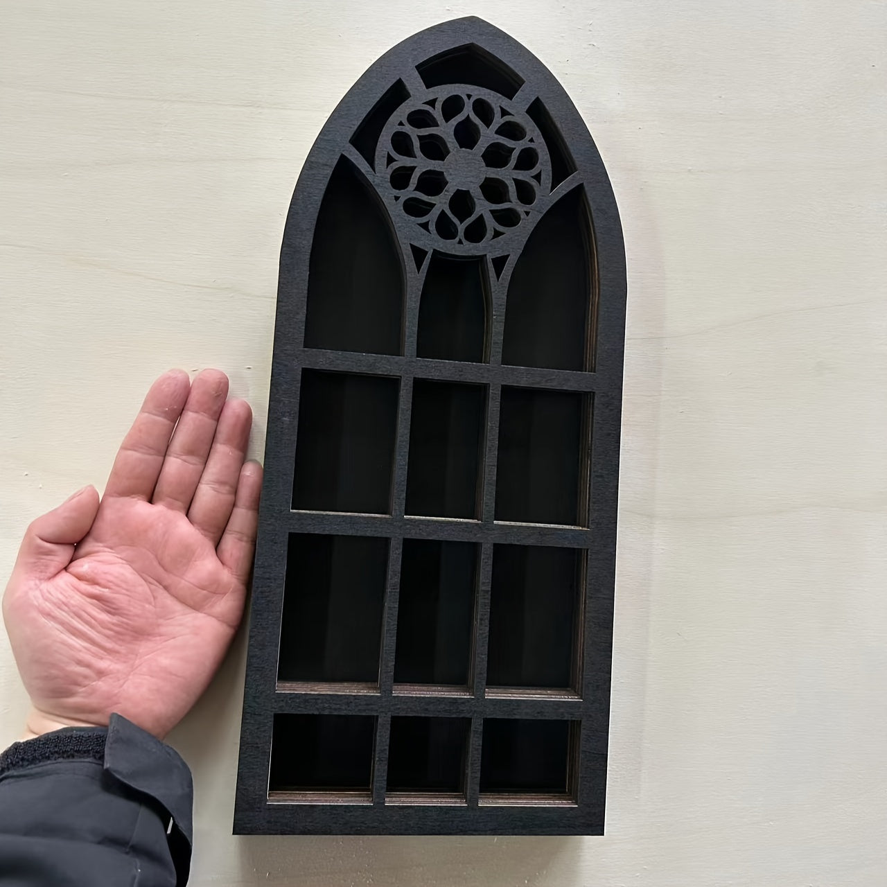 1pc Old Church Window Crystal Wall Shelf, Crystal Wooden Shelf, Halloween Witch Crystal Display Rack, Rustic Wooden Shelf For Crystals, Stones & Essential Oils, Wall Decor, Halloween Christmas New Year Gift, Aesthetic Room De