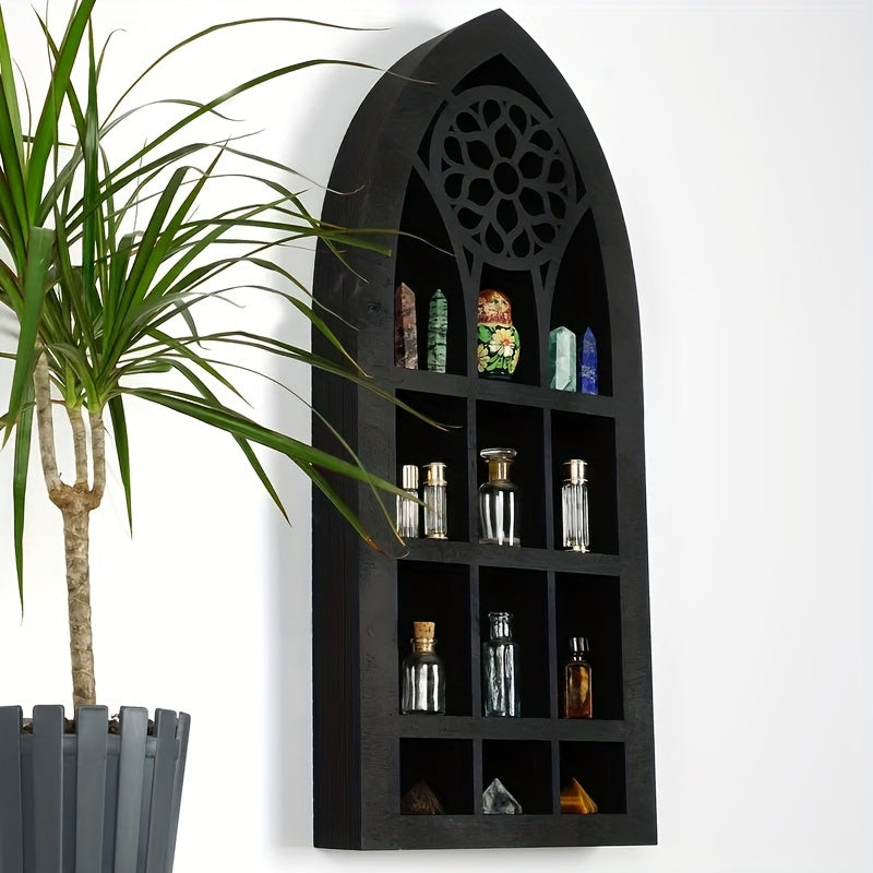 1pc Old Church Window Crystal Wall Shelf, Crystal Wooden Shelf, Halloween Witch Crystal Display Rack, Rustic Wooden Shelf For Crystals, Stones & Essential Oils, Wall Decor, Halloween Christmas New Year Gift, Aesthetic Room De