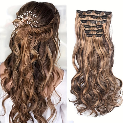 [Heat Resistant Hair Extensions] 6pcs Heat Resistant 22 Inch Body Wave Clip-In Hair Extensions | Double Weft Synthetic Hair for Women - Hair Clips Hair Accessories Halloween Christmas
