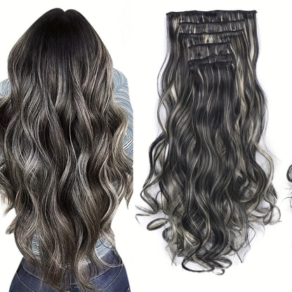 [Heat Resistant Hair Extensions] 6pcs Heat Resistant 22 Inch Body Wave Clip-In Hair Extensions | Double Weft Synthetic Hair for Women - Hair Clips Hair Accessories Halloween Christmas