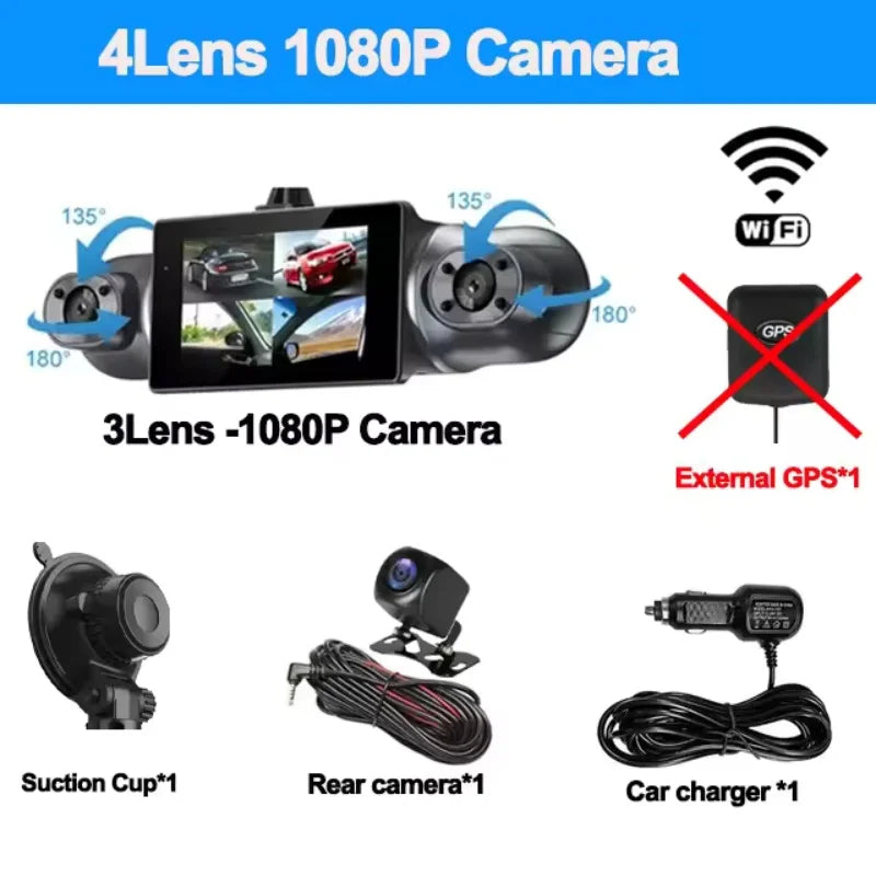 3inch 4 Channel 1080P Dash Cam for Cars  WIFI GPS 360° Video Recorder Rear View Camera Car DVR 24H Hardware Kit Car Assecories