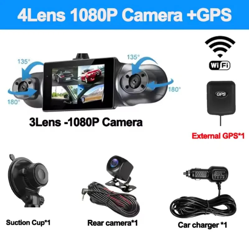 3inch 4 Channel 1080P Dash Cam for Cars  WIFI GPS 360° Video Recorder Rear View Camera Car DVR 24H Hardware Kit Car Assecories