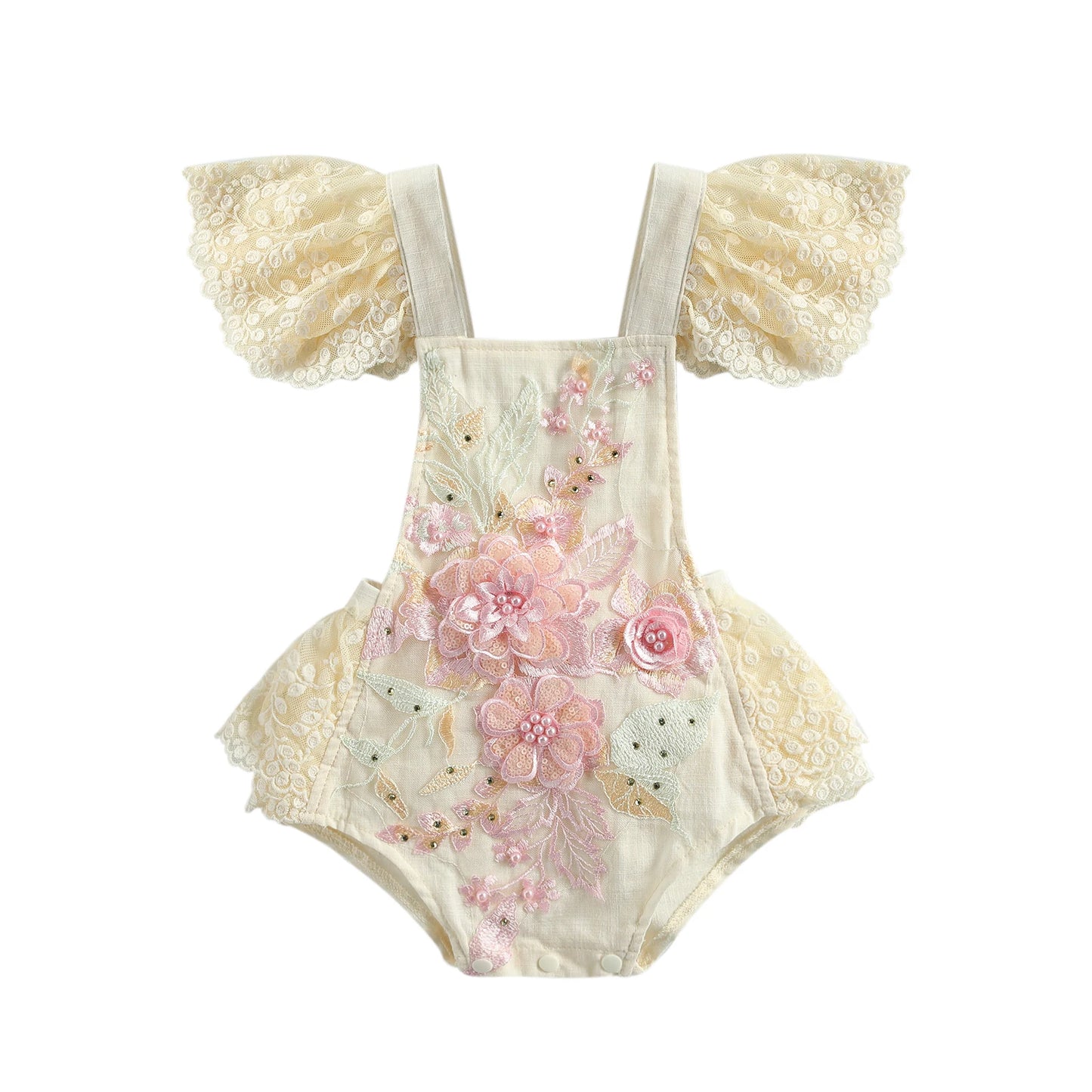 VISgogo Baby Girls Romper Dress Princess Newborn Fly Sleeve Round Neck Mesh Lace Layers Skirt Floral Jumpsuits Birthday Clothes