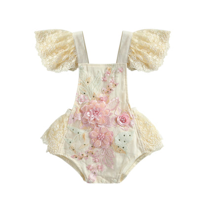 VISgogo Baby Girls Romper Dress Princess Newborn Fly Sleeve Round Neck Mesh Lace Layers Skirt Floral Jumpsuits Birthday Clothes