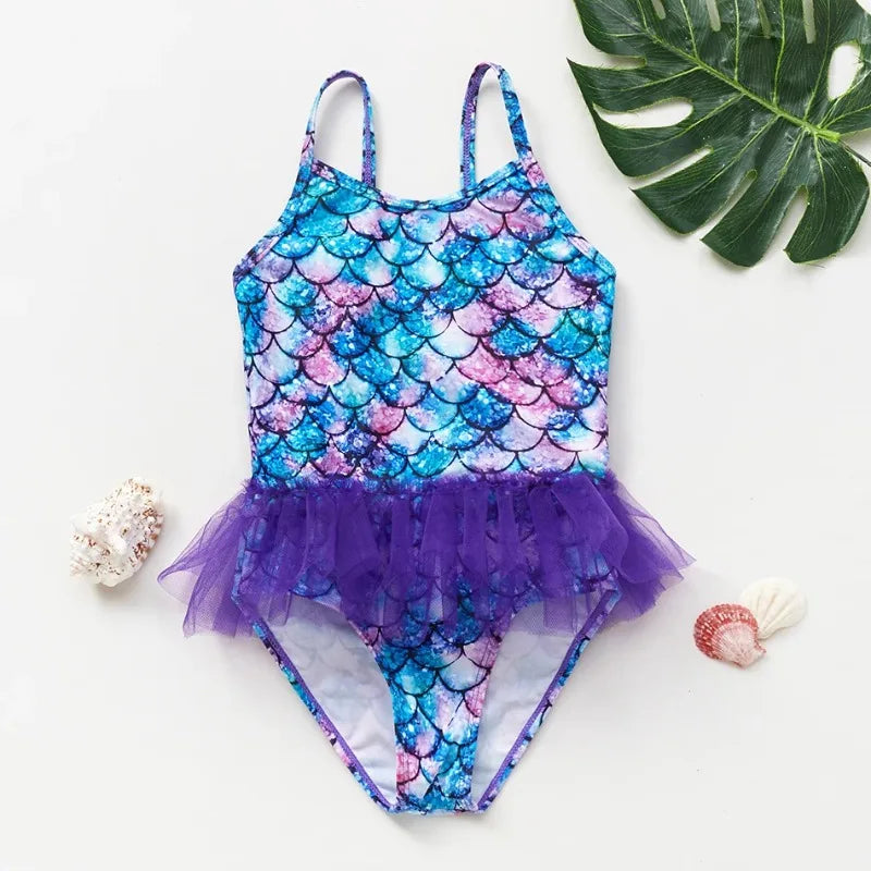 Baby Girl Fish Scale Print Swimsuit One-Piece Backless Swimwear Floral Zipper Ruffle Toddler Bathing Suit Beach Outfit 2-8Years