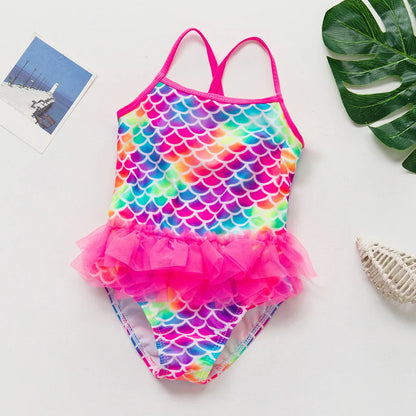 Baby Girl Fish Scale Print Swimsuit One-Piece Backless Swimwear Floral Zipper Ruffle Toddler Bathing Suit Beach Outfit 2-8Years