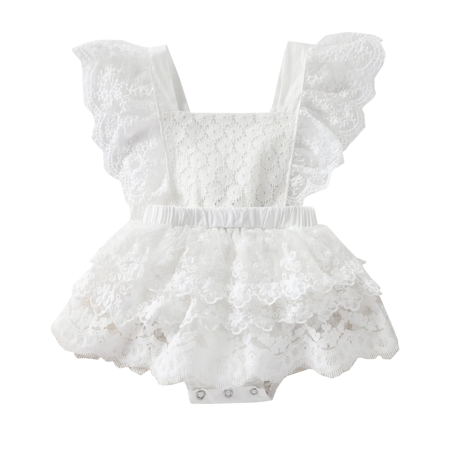 VISgogo Baby Girls Romper Dress Princess Newborn Fly Sleeve Round Neck Mesh Lace Layers Skirt Floral Jumpsuits Birthday Clothes