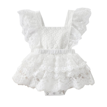 VISgogo Baby Girls Romper Dress Princess Newborn Fly Sleeve Round Neck Mesh Lace Layers Skirt Floral Jumpsuits Birthday Clothes