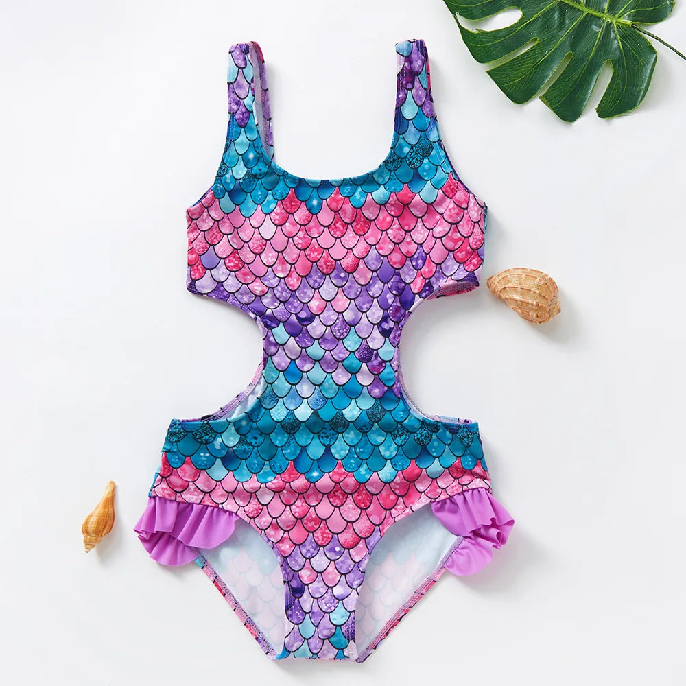 Baby Girl Fish Scale Print Swimsuit One-Piece Backless Swimwear Floral Zipper Ruffle Toddler Bathing Suit Beach Outfit 2-8Years