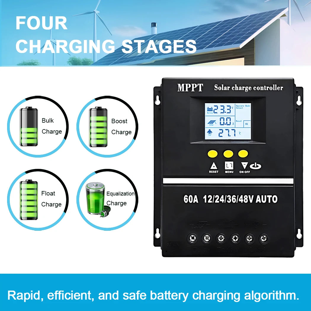 Y&H MPPT 60A 80A 100A Solar Charge Controller with LCD Dual USB Output, 12V 24V 36V 48V Lead Acid Lithium Batteries Charger