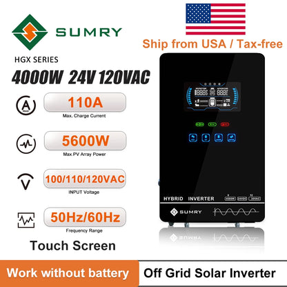 SUMRY 4KW 6KW 120V Off Grid Solar Inverter 24V 140A 5600W MPPT Charger Pure Sine Wave Home Inverter 6.25 Inch LCD Display