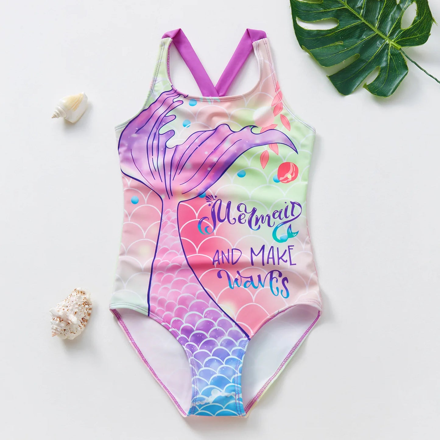 Baby Girl Fish Scale Print Swimsuit One-Piece Backless Swimwear Floral Zipper Ruffle Toddler Bathing Suit Beach Outfit 2-8Years