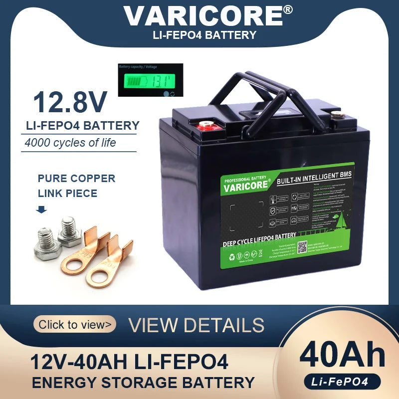 VariCore 12.8V 40AH LiFePO4 Battery with BMS Lithium Iron Phosphate Batteries 12v Car ignition inverter Solar 14.6v 10A Charger