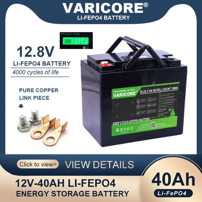 VariCore 12.8V 40AH LiFePO4 Battery with BMS Lithium Iron Phosphate Batteries 12v Car ignition inverter Solar 14.6v 10A Charger