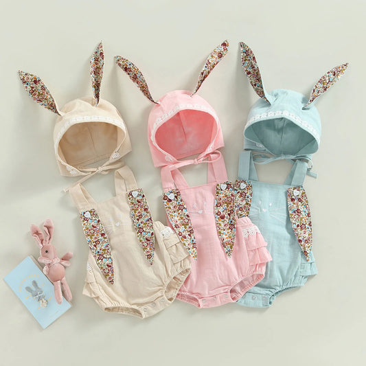 Citgeett Summer Easter Infant Baby Girls Casual Bodysuit Sleeveless Floral Print Bunny Playsuit Cartoon Hat Clothes