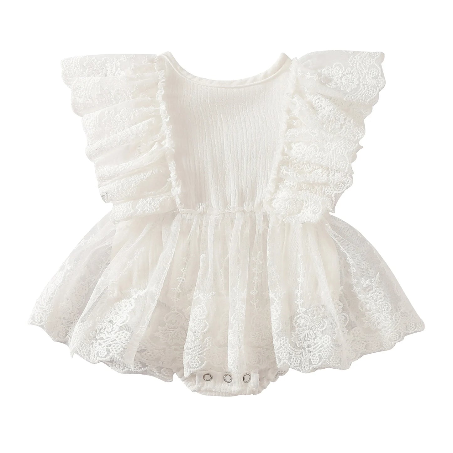 VISgogo Baby Girls Romper Dress Princess Newborn Fly Sleeve Round Neck Mesh Lace Layers Skirt Floral Jumpsuits Birthday Clothes