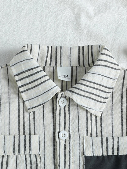 2025 Baby Summer Short Sleeve Boys Clothing Turn Down Collar Striped Shirt With Pocket  Shorts Boys 2 Pcs Streetwear Clothes Set