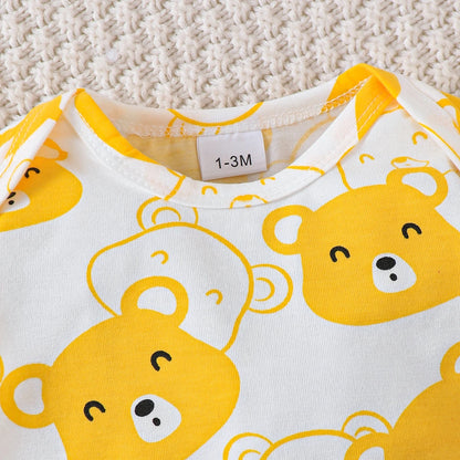 Newborn 4pcs Baby boy Bear printed Bodysuit+Pants+Hat+Socks Set Suitable for Babies 0-9 Months Spring Autumn Fashionable Set