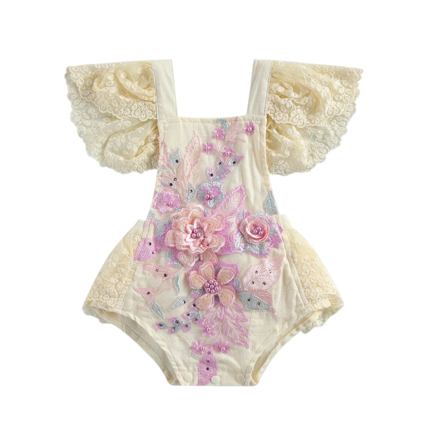 VISgogo Baby Girls Romper Dress Princess Newborn Fly Sleeve Round Neck Mesh Lace Layers Skirt Floral Jumpsuits Birthday Clothes