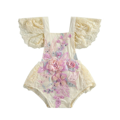 VISgogo Baby Girls Romper Dress Princess Newborn Fly Sleeve Round Neck Mesh Lace Layers Skirt Floral Jumpsuits Birthday Clothes