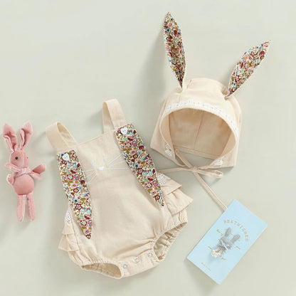 Citgeett Summer Easter Infant Baby Girls Casual Bodysuit Sleeveless Floral Print Bunny Playsuit Cartoon Hat Clothes