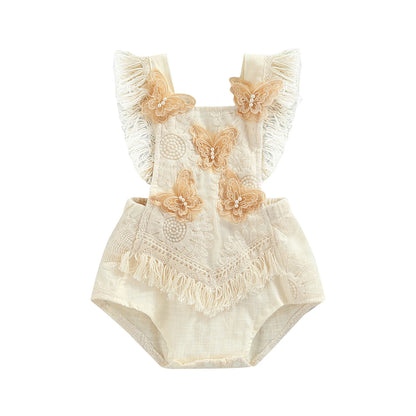 VISgogo Baby Girls Romper Dress Princess Newborn Fly Sleeve Round Neck Mesh Lace Layers Skirt Floral Jumpsuits Birthday Clothes