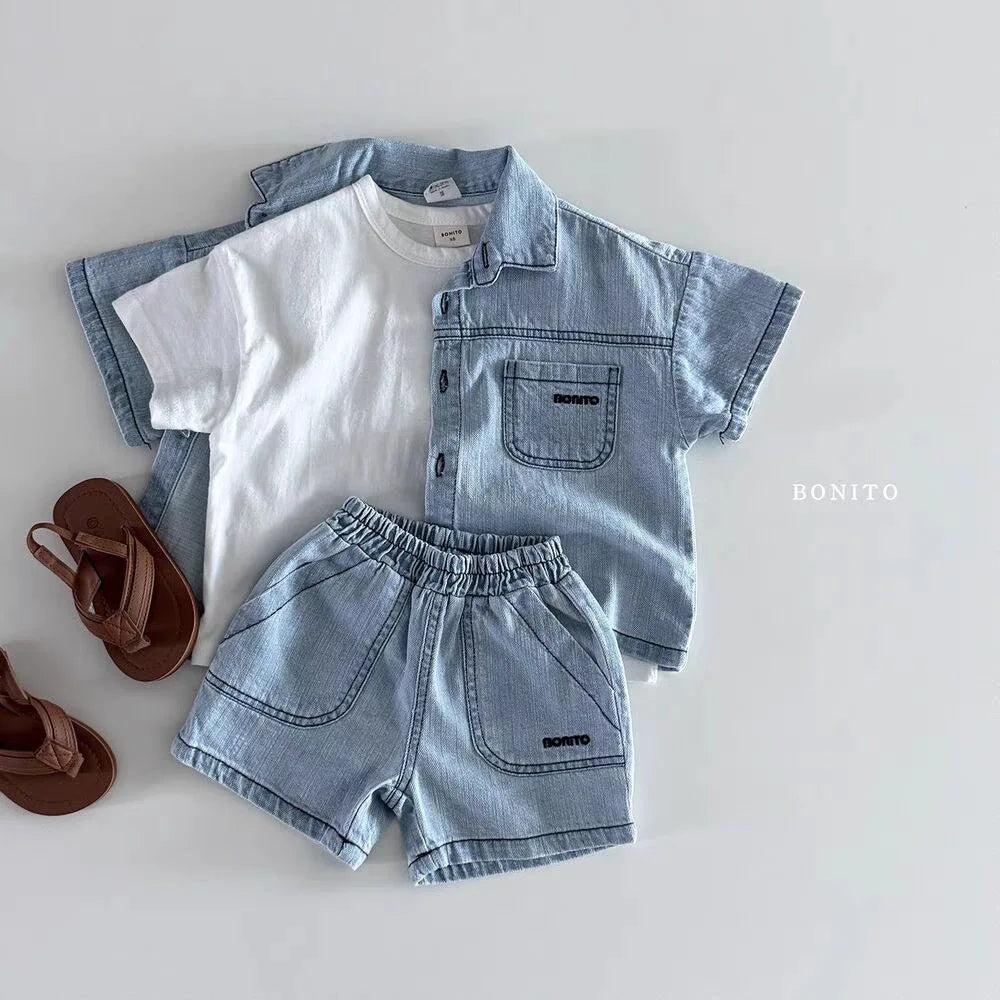 2025 Summer New Baby Short Sleeve Denim Clothes Set Infant Girl Denim Shirts + Shorts 2pcs Suit Cute Toddler Boys Outfits
