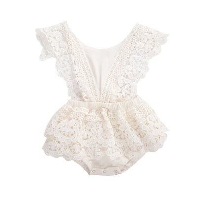 VISgogo Baby Girls Romper Dress Princess Newborn Fly Sleeve Round Neck Mesh Lace Layers Skirt Floral Jumpsuits Birthday Clothes