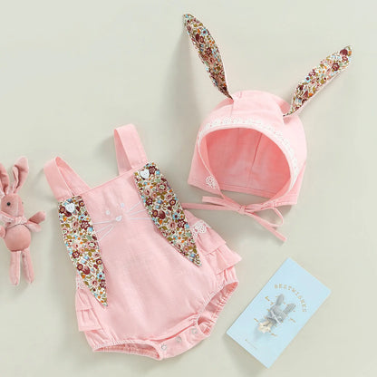 Citgeett Summer Easter Infant Baby Girls Casual Bodysuit Sleeveless Floral Print Bunny Playsuit Cartoon Hat Clothes