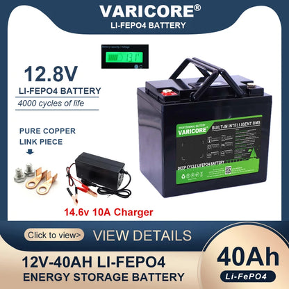 VariCore 12.8V 40AH LiFePO4 Battery with BMS Lithium Iron Phosphate Batteries 12v Car ignition inverter Solar 14.6v 10A Charger