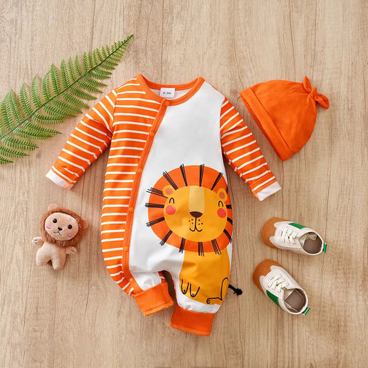 Baby cartoon lion pattern casual striped long sleeve onesie, comfortable onesie hat for toddlers and baby boys