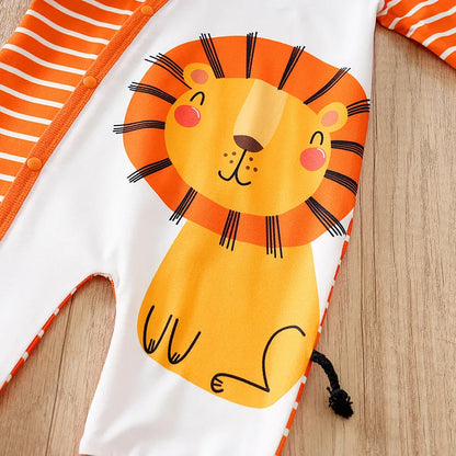 Baby cartoon lion pattern casual striped long sleeve onesie, comfortable onesie hat for toddlers and baby boys