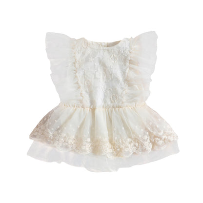 VISgogo Baby Girls Romper Dress Princess Newborn Fly Sleeve Round Neck Mesh Lace Layers Skirt Floral Jumpsuits Birthday Clothes
