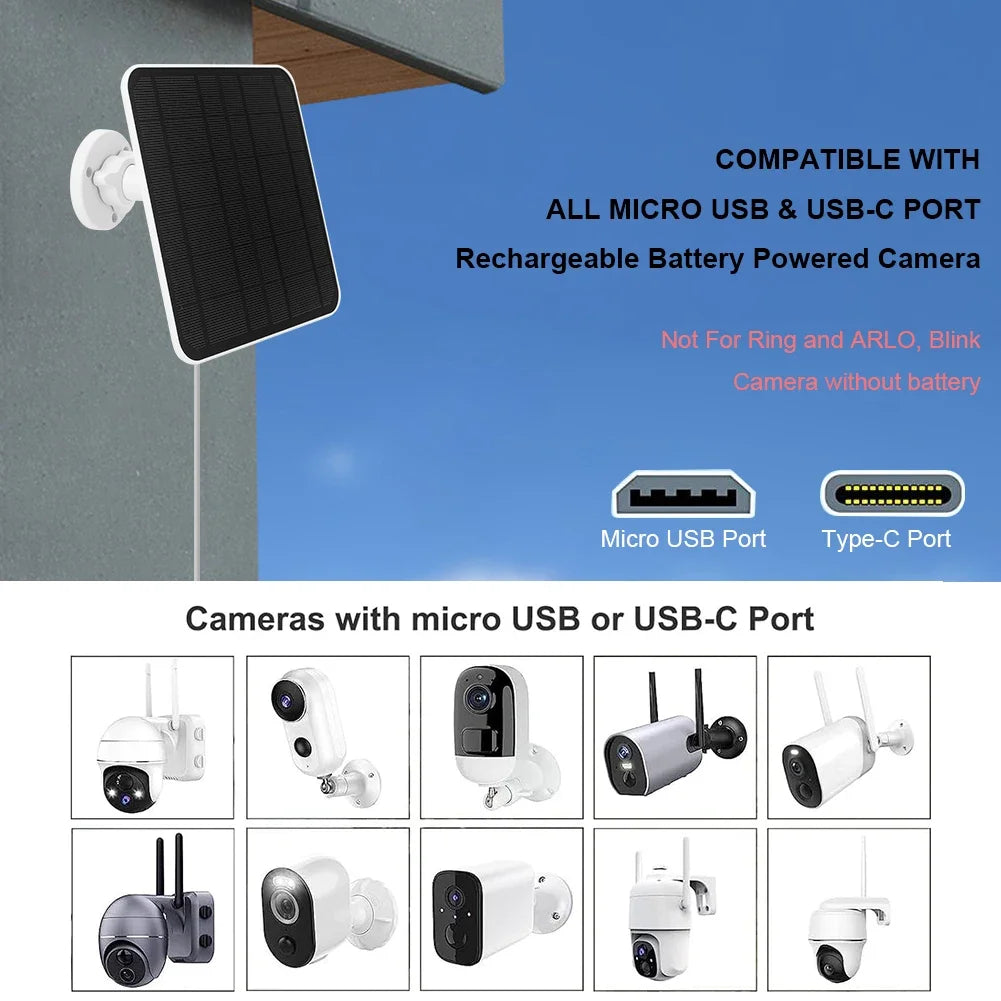 10W 5V Solar Panel Micro USB & USB-C Port Solar Charging Panel 9.8 Ft Charging Cable for Security Camera for Eufycam 3C/2C/2 Pro