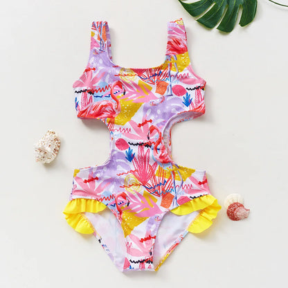 Baby Girl Fish Scale Print Swimsuit One-Piece Backless Swimwear Floral Zipper Ruffle Toddler Bathing Suit Beach Outfit 2-8Years