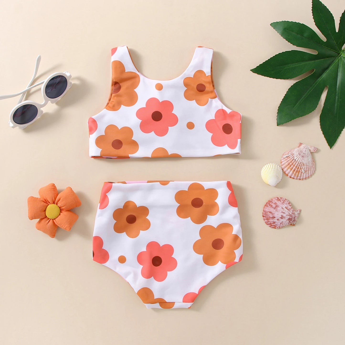 2022-11-24 Lioraitiin 0-4T Infant Girl's Summer Swimsuit Flower & Heart Print V-Neck Front Knotted Vest High Waist Shorts