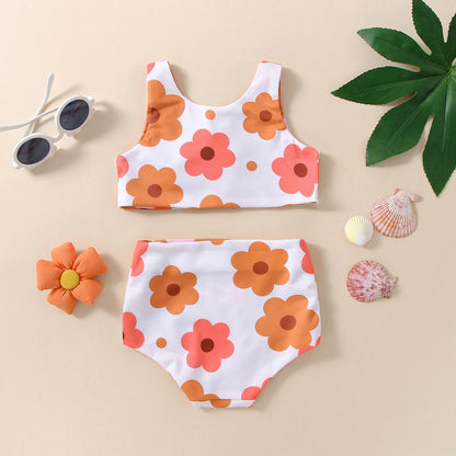 2022-11-24 Lioraitiin 0-4T Infant Girl's Summer Swimsuit Flower & Heart Print V-Neck Front Knotted Vest High Waist Shorts