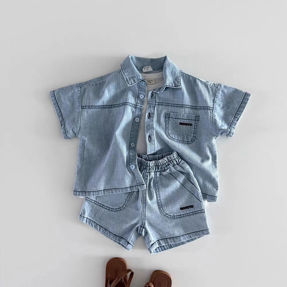 2025 Summer New Baby Short Sleeve Denim Clothes Set Infant Girl Denim Shirts + Shorts 2pcs Suit Cute Toddler Boys Outfits