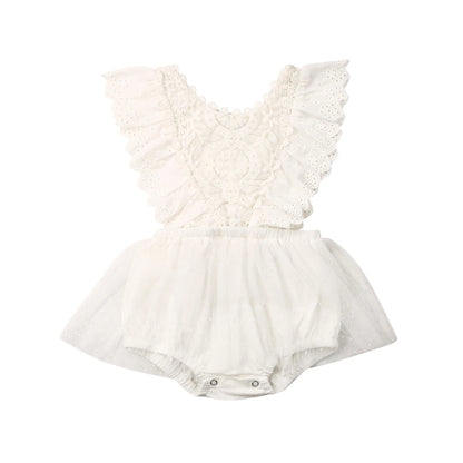 VISgogo Baby Girls Romper Dress Princess Newborn Fly Sleeve Round Neck Mesh Lace Layers Skirt Floral Jumpsuits Birthday Clothes