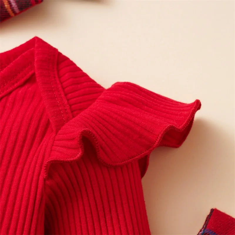 Newborn Baby Girl Christmas Outfit Long Sleeve Romper Suspender Skirt Set Overall Dress with Headband