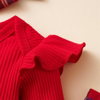 Newborn Baby Girl Christmas Outfit Long Sleeve Romper Suspender Skirt Set Overall Dress with Headband