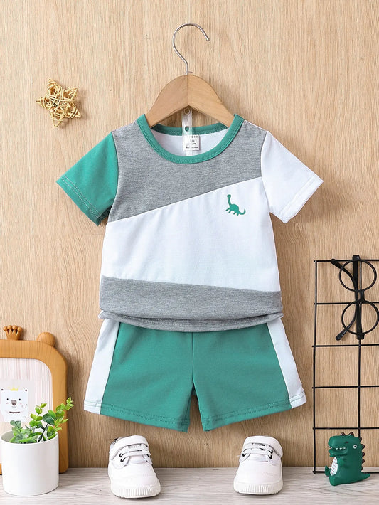 2-Piece Summer Baby Boy Color-Matched Crew-Neck Short-Sleeved Shorts Casual Breathable Comfortable Outdoor Sports Suit