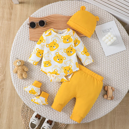 Newborn 4pcs Baby boy Bear printed Bodysuit+Pants+Hat+Socks Set Suitable for Babies 0-9 Months Spring Autumn Fashionable Set