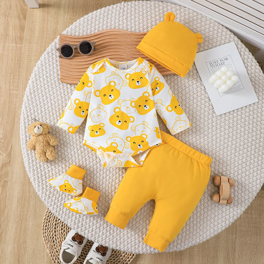 Newborn 4pcs Baby boy Bear printed Bodysuit+Pants+Hat+Socks Set Suitable for Babies 0-9 Months Spring Autumn Fashionable Set