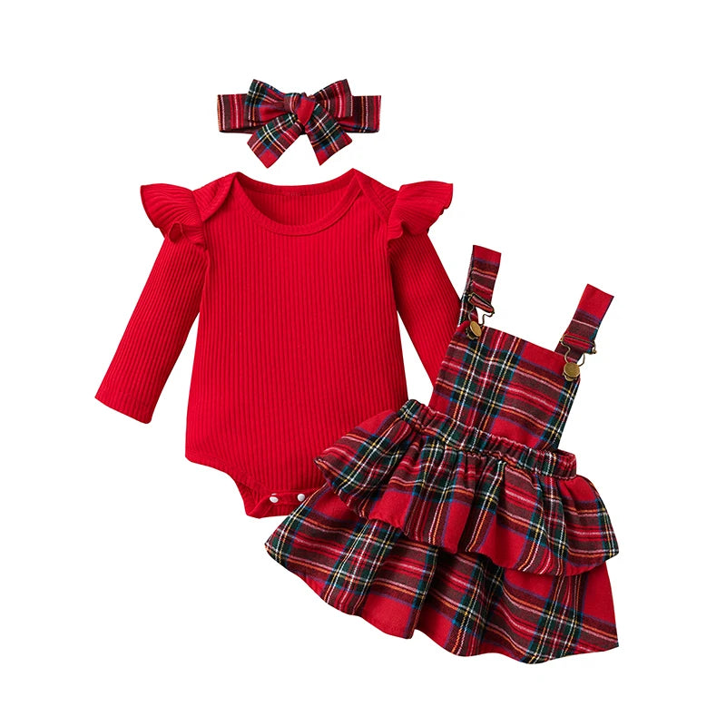 Newborn Baby Girl Christmas Outfit Long Sleeve Romper Suspender Skirt Set Overall Dress with Headband