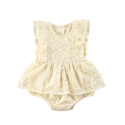 VISgogo Baby Girls Romper Dress Princess Newborn Fly Sleeve Round Neck Mesh Lace Layers Skirt Floral Jumpsuits Birthday Clothes