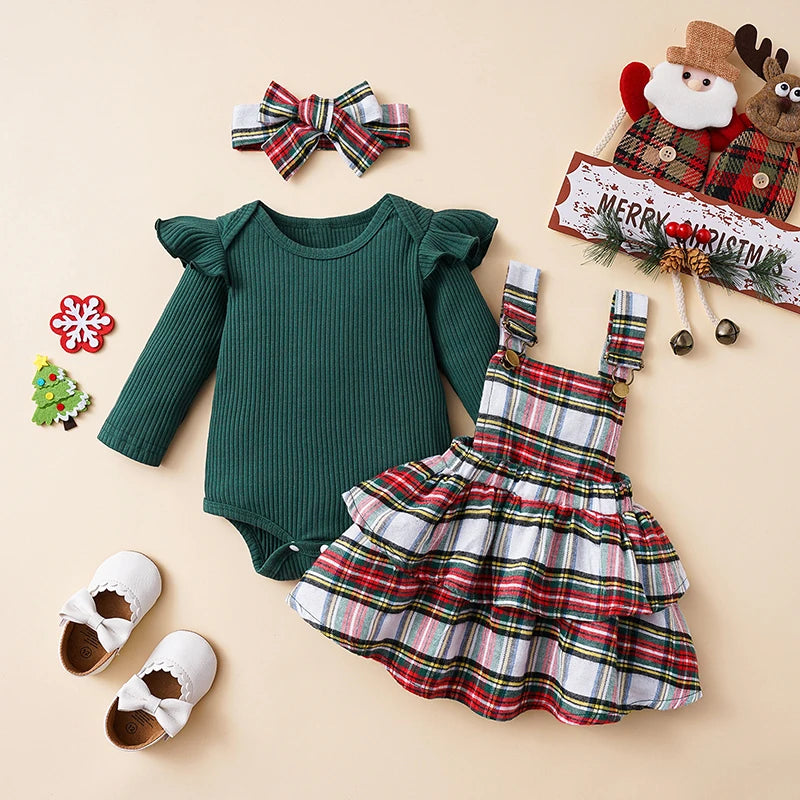 Newborn Baby Girl Christmas Outfit Long Sleeve Romper Suspender Skirt Set Overall Dress with Headband