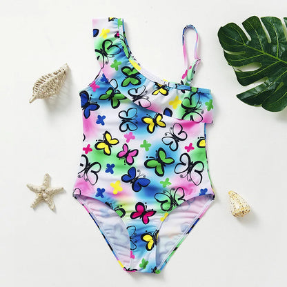 Baby Girl Fish Scale Print Swimsuit One-Piece Backless Swimwear Floral Zipper Ruffle Toddler Bathing Suit Beach Outfit 2-8Years